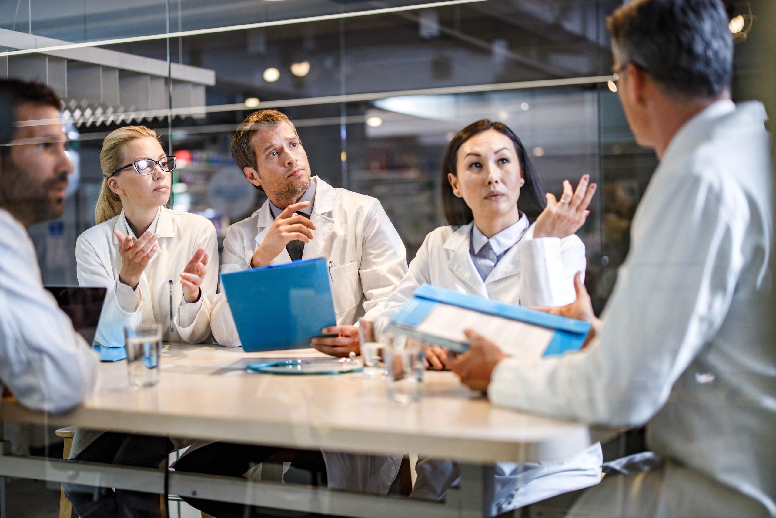 Professionals collaborating during a meeting