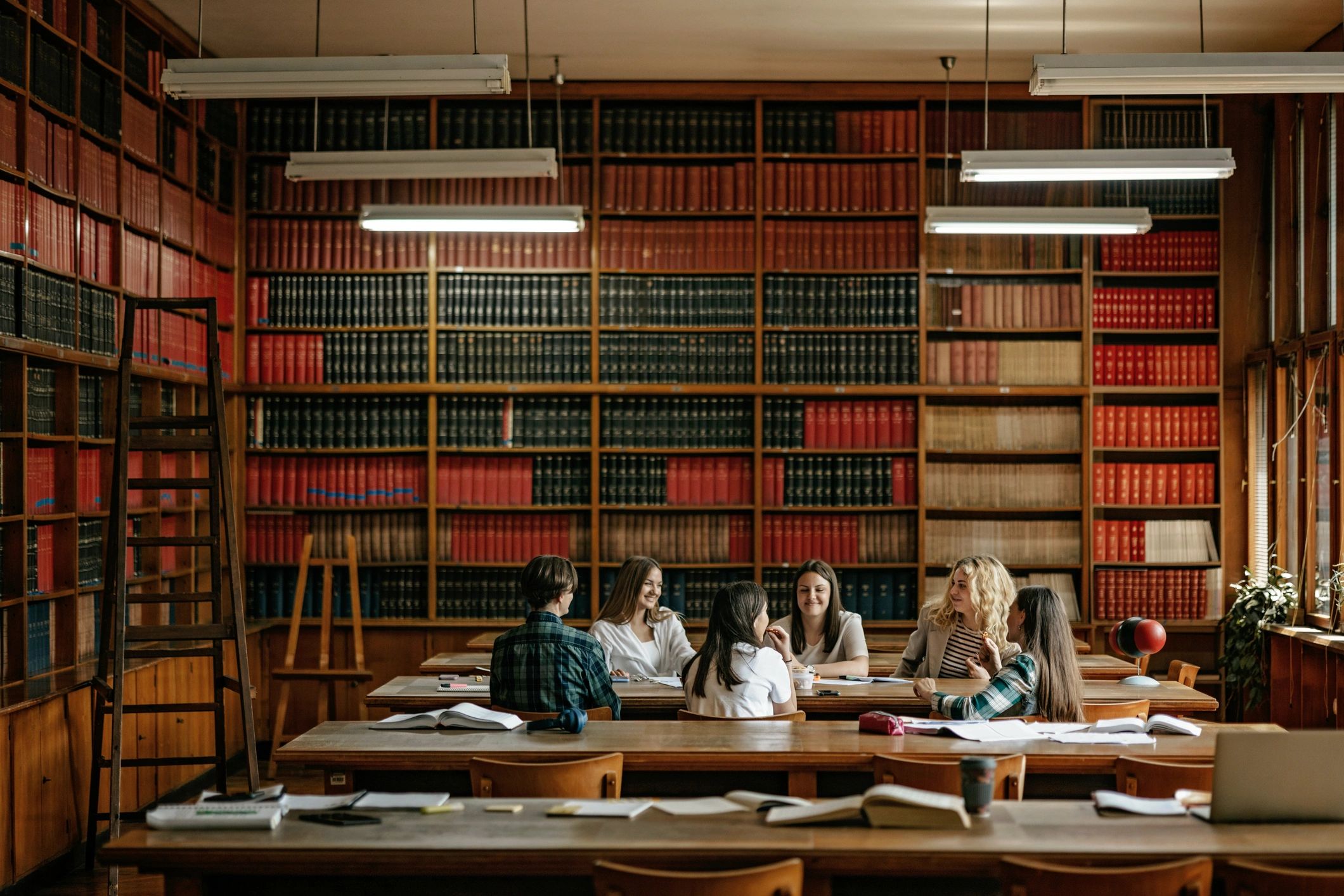 Students and researchers talking in a library